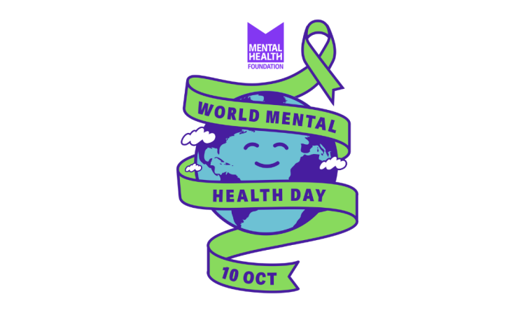 Drawing of a globe with a smiling face. A green ribbon is wrapped around it, with the text: 'World Mental Health Day Oct 10'. Above it is the MHF logo.