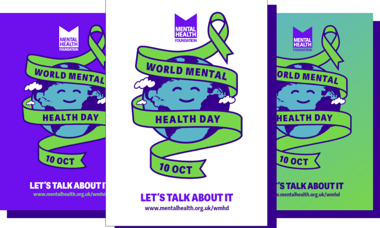 Images of three posters for World Mental Health Day - they show a graphic of a smiling Earth surrounded by a ribbon reading 