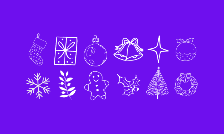 Hand drawn sketches of festive items e.g. a snowflake, bells