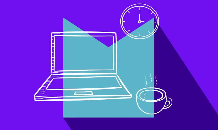 An illustration of a laptop, coffee cup and clock on a purple background