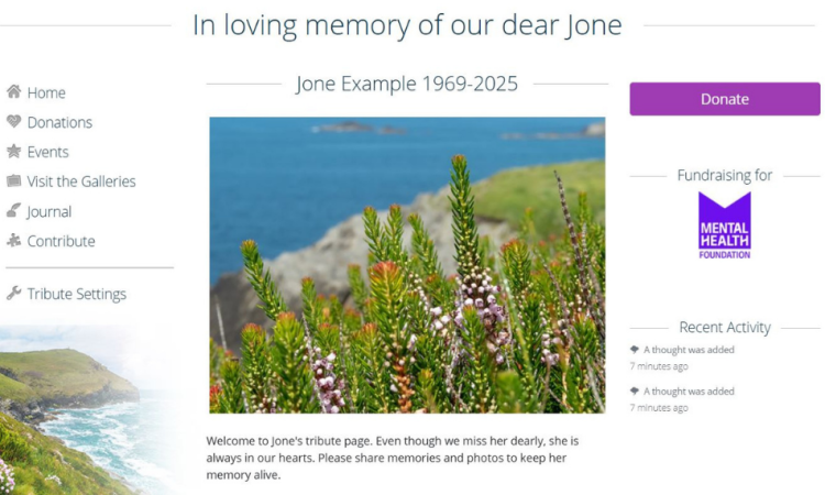 Image of Mental Health Foundation Tribute fund webpage