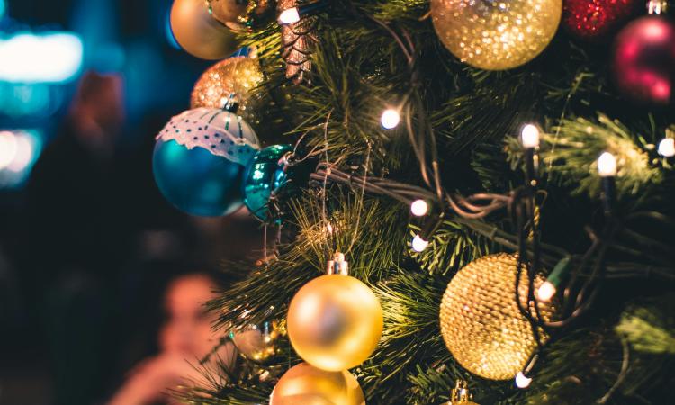 Close-up of a decorated Christmas tree with gold, red, and blue ornaments and twinkling lights. A blurred background adds a warm, festive atmosphere.