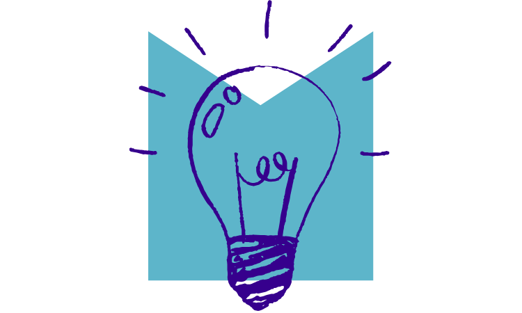 A hand-drawn illustration of a lightbulb in front of a light blue M-shaped container