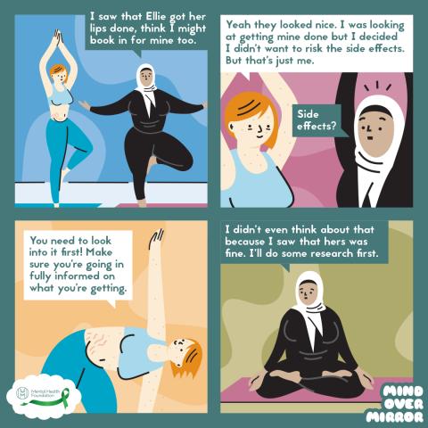 Comic of two women talking about body image whilst doing yoga together