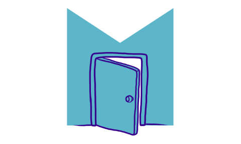 Drawing of an open door inside an M shaped blue graphic