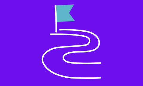 Drawing of a pathway leading up to a flag on a purple graphic